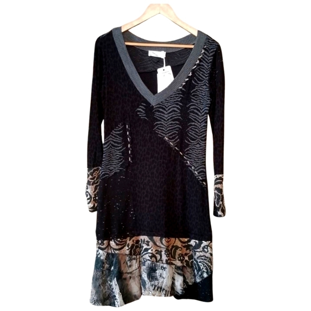 NWT Lisa Campione Black Patchwork Sweater Dress – Mixed Print – Size Medium